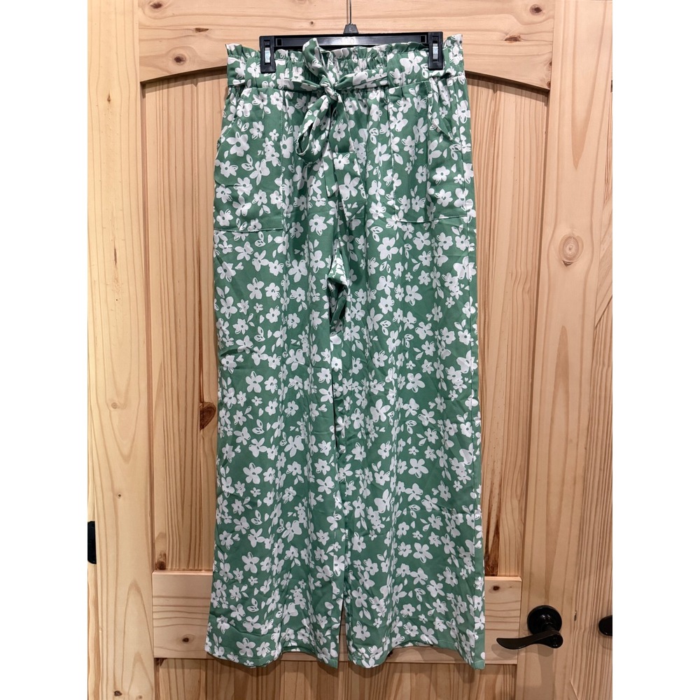 IWOLLENCE Green Floral Wide Leg Paperbag Waist Pants XL